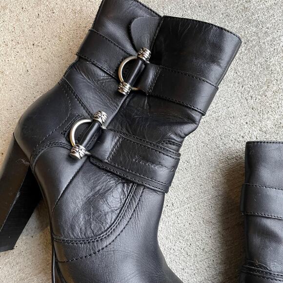 HARLEY DAVIDSON black leather high heel moto boots with silver hardware US 7 - Picture 2 of 8
